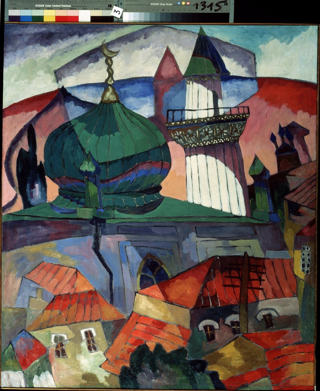 Mezquita (Mezquita). Descripción decorativa de una ciudad rusa en Asia Central, dominada por el techo de la mezquita coronado por la media luna musulmana y la torre del muecín. Pintura de Aristarkh Vasilyevich Lentulov (Lentulov) (1882-1943), óleo sobre li de Aristarkh Vasilievic Lentulov