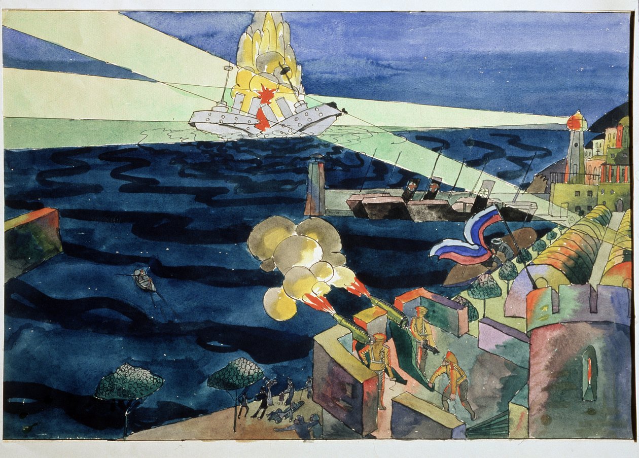 Una Batalla Naval. Defendiendo la costa fortificada, los cañones disparan contra un acorazado que se rompe en pedazos en medio de explosiones. Obra de Aristarkh Vasilyevich Lentulov (Lentulov) (1882-1943), acuarela sobre papel de Aristarkh Vasilievic Lentulov