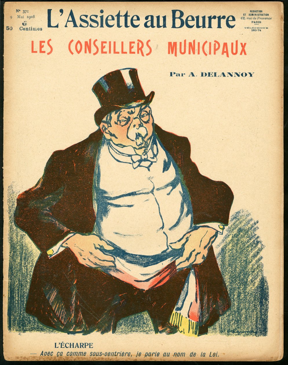 Portada de “El plato de mantequilla”, número 371, satírico en colores de Aristide Delannoy