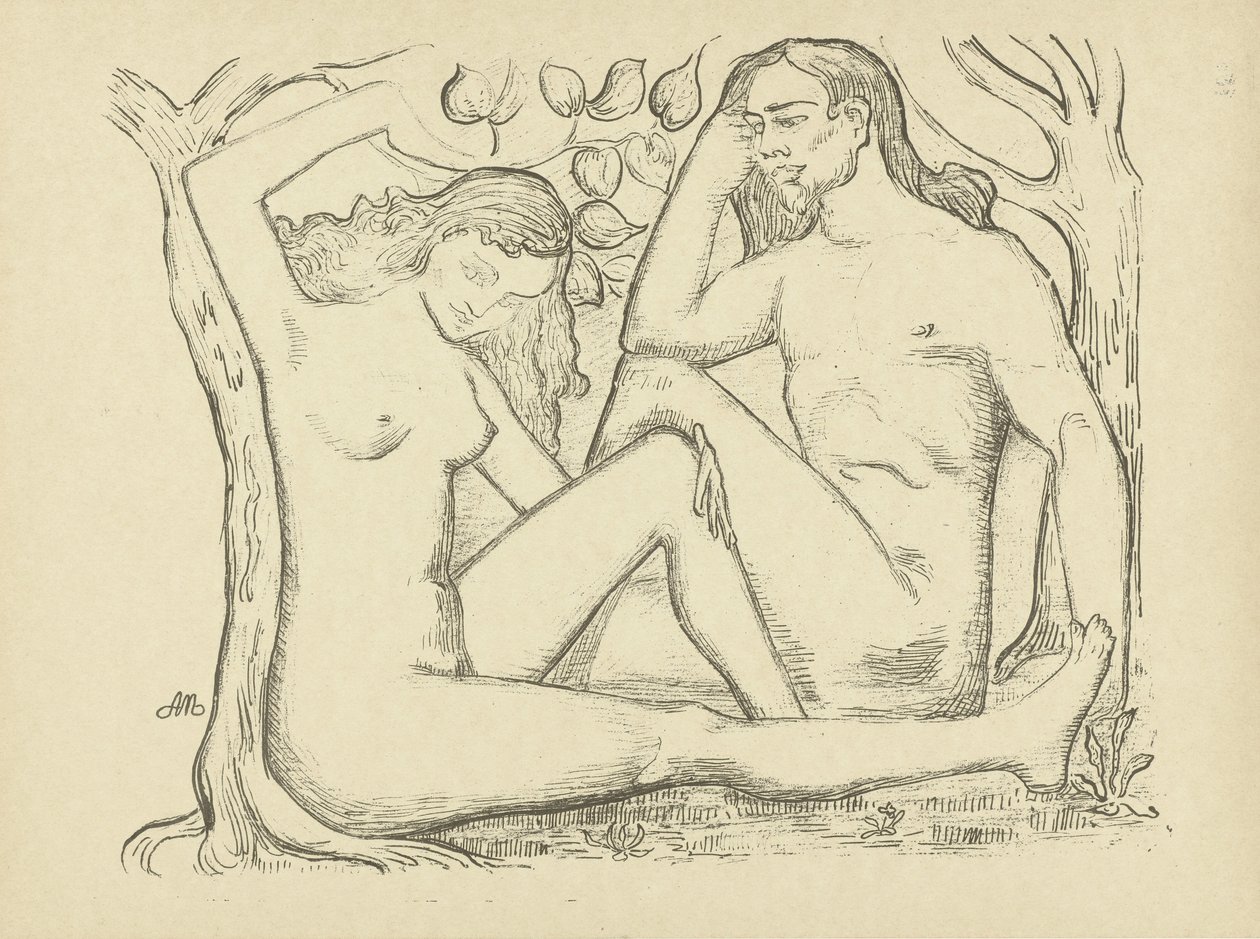 Adán y Eva sentados junto al árbol hombre y mujer desnudos L