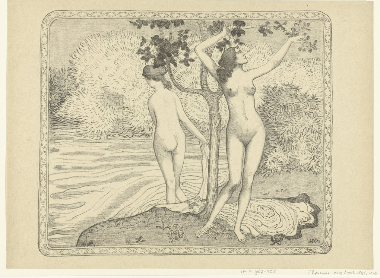 Twee badende vrouwen bij waterkant
Zomer
Dos bañistas desnudos bajo un árbol al borde del agua
Verano
L