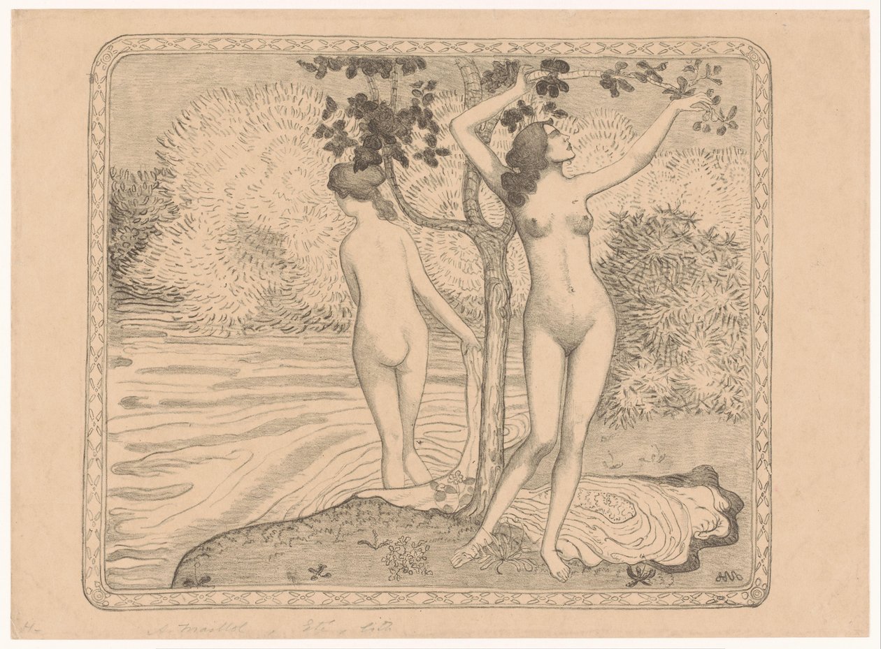 Dos mujeres que se bañan bajo un árbol al borde del agua
Deux baigneuses nuess sous un arbre au bord de l