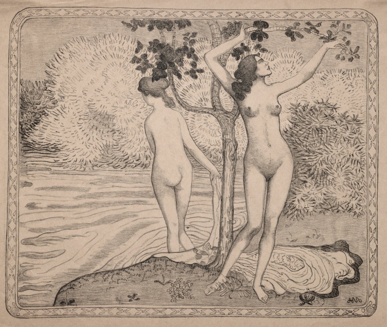 Dos bañistas bajo un árbol al borde del agua de Aristide Maillol