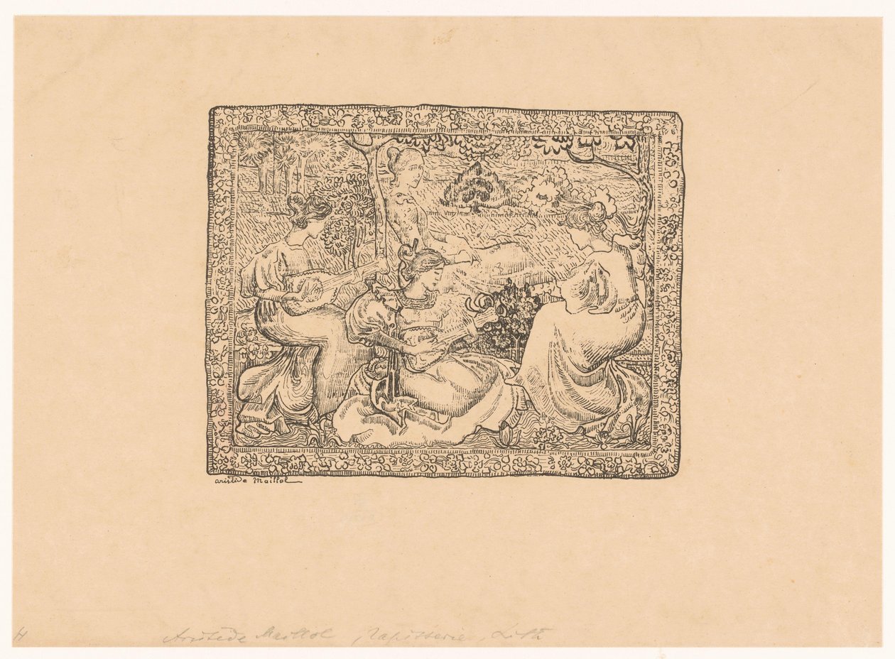 Tapiz con cuatro mujeres haciendo música en un paisaje
Concert champêtre (título original) de Aristide Maillol
