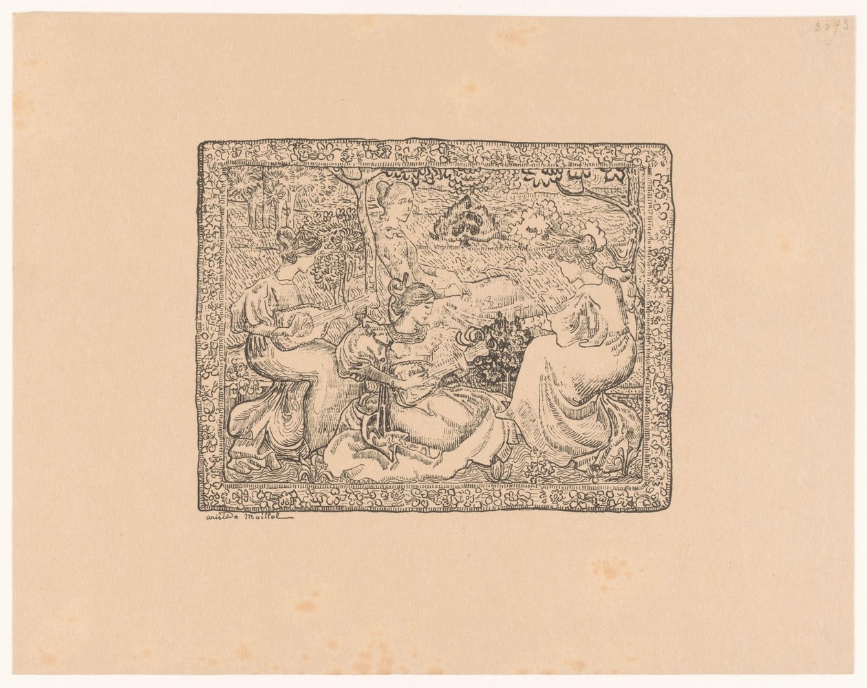 Tapiz con cuatro mujeres haciendo música en un paisaje
Concert champêtre (título original) de Aristide Maillol