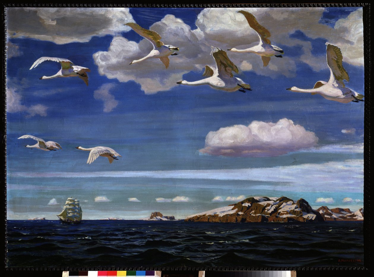 Libertad azul. Migración de gansos salvajes volando sobre el mar. Pintura de Arkadi (Arkady) Alexandrovich Rylov (1870-1939), óleo sobre lienzo de Arkadij Aleksandrovic Rylov