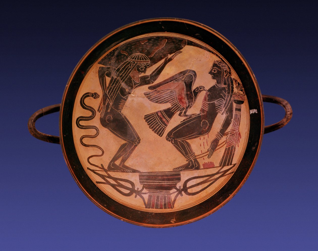 Kylix de figura negra que representa a Atlas sosteniendo el cielo y ...
