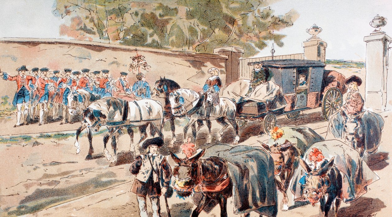 Una diligencia entrando en un recinto amurallado y pasando entre una banda y un tren de burros de Armand Jean Heins