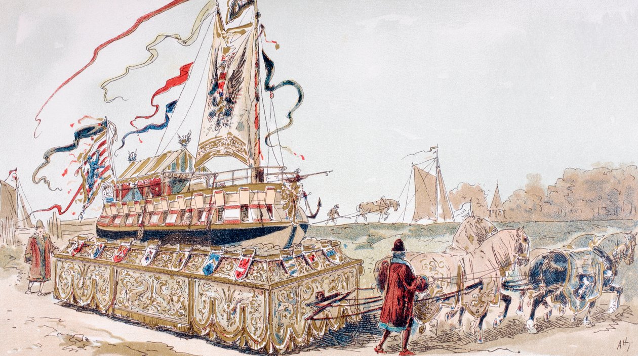 Una barcaza real siendo tirada en un carro por caballos hacia un canal en el siglo XVI de Armand Jean Heins