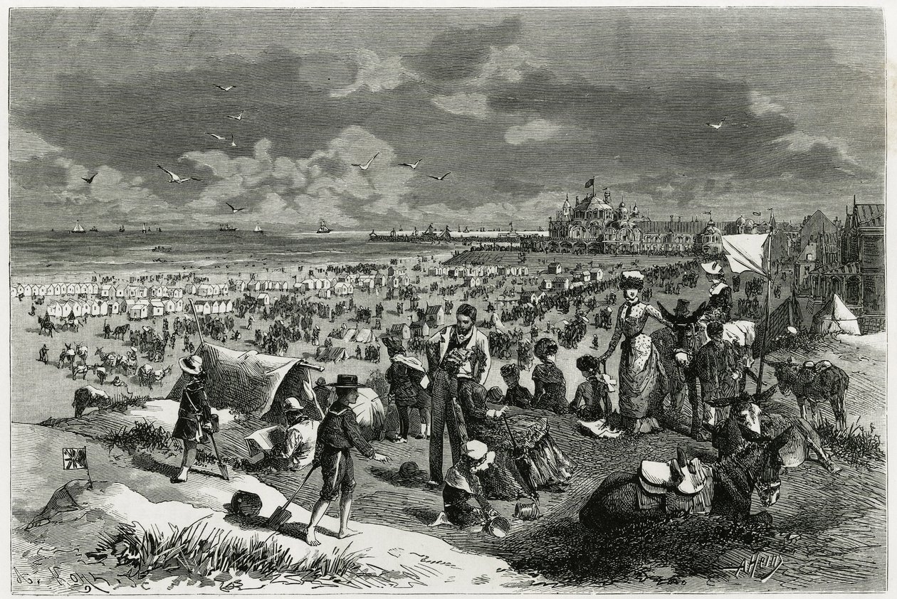 Playa de Ostende. Grabado de A.Heins, para ilustrar la historia “La Belgique”, de Camille Lemonnier (1844-1913), escritor y crítico de arte. Publicado en Le Tour du Monde. de Armand Jean Heins