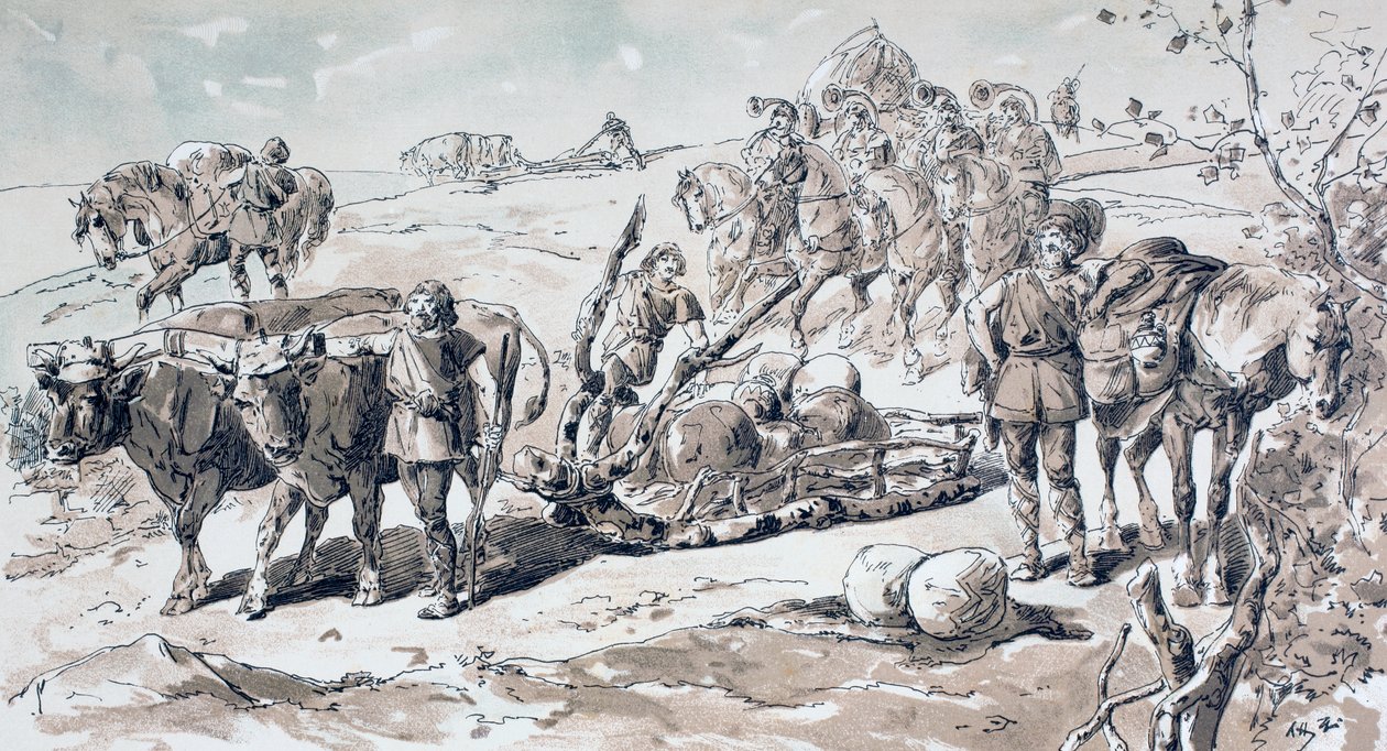 Bueyes tirando de un trineo primitivo cargado de rocas, 1886 de Armand Jean Heins