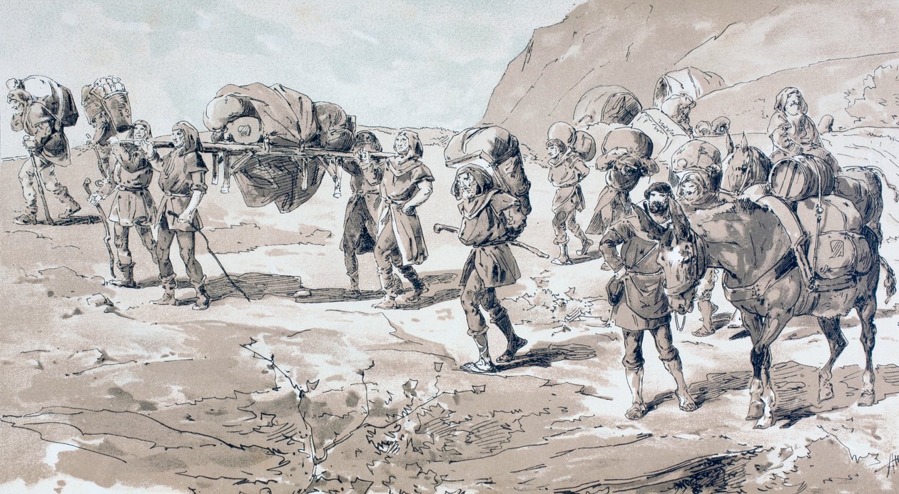 Portadores llevando mercancías en cestas en sus espaldas de Armand Jean Heins