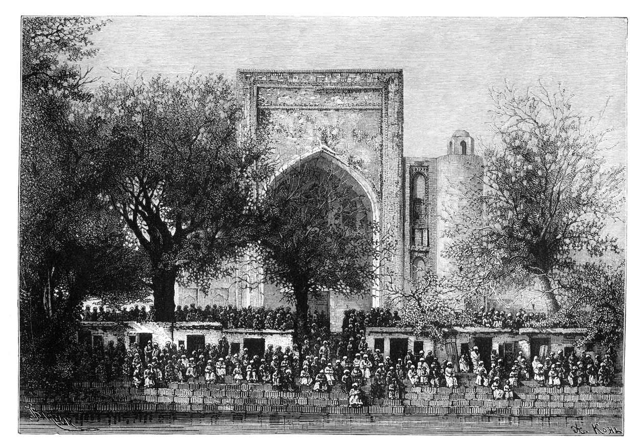 Una asamblea frente a la mezquita en Bujará, Uzbekistán, 1895 de Armand Kohl