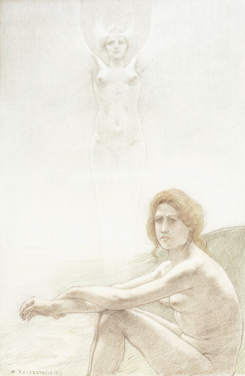 Desnudo femenino sentado con figura femenina fantasmal en el fondo de Armand Rassenfosse