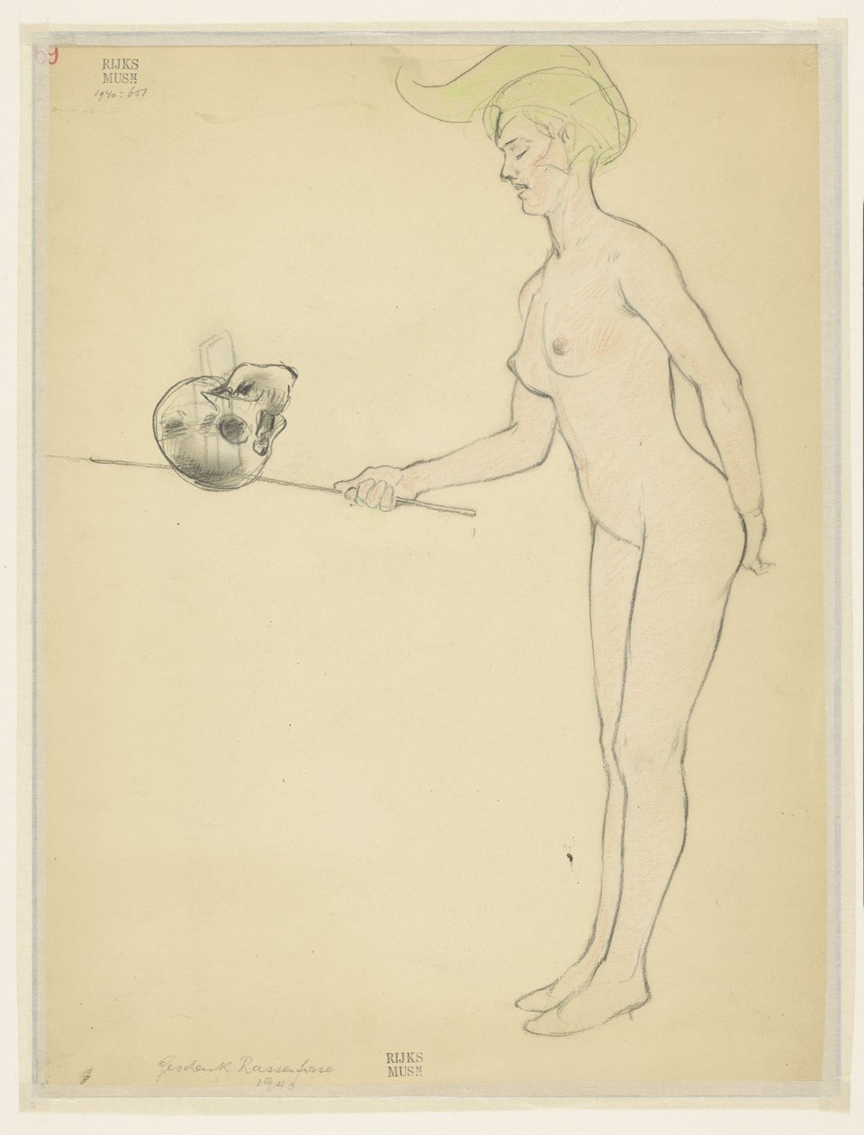 Mujer desnuda de pie con un palo y una calavera de Armand Rassenfosse