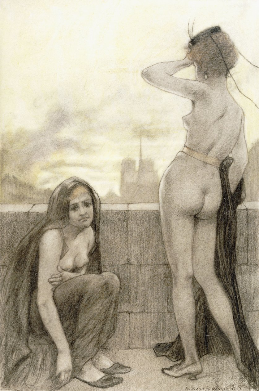 Dos mujeres parcialmente vestidas junto a una pared en una ciudad de Armand Rassenfosse