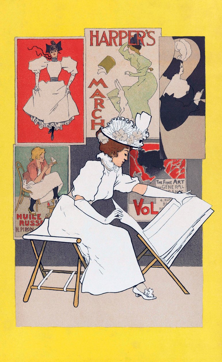 Mujer mirando impresiones en tienda de arte de Armand Rassenfosse