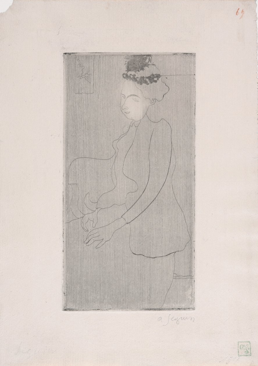Femme assise avec chapeau a plumes (Mujer sentada con sombrero de plumas) c.1893 (aguafuerte) de Armand Séguin