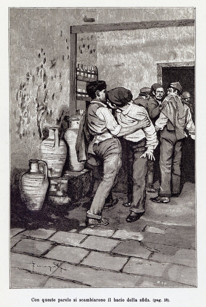 Invitación al duelo siciliano por el mortal “beso”, en realidad una mordida en la oreja. Ilustración de Arnaldo Ferraguti para la nueva “Cavalleria Rusticana” de Giovanni Verga. 1897 de Arnaldo Ferraguti