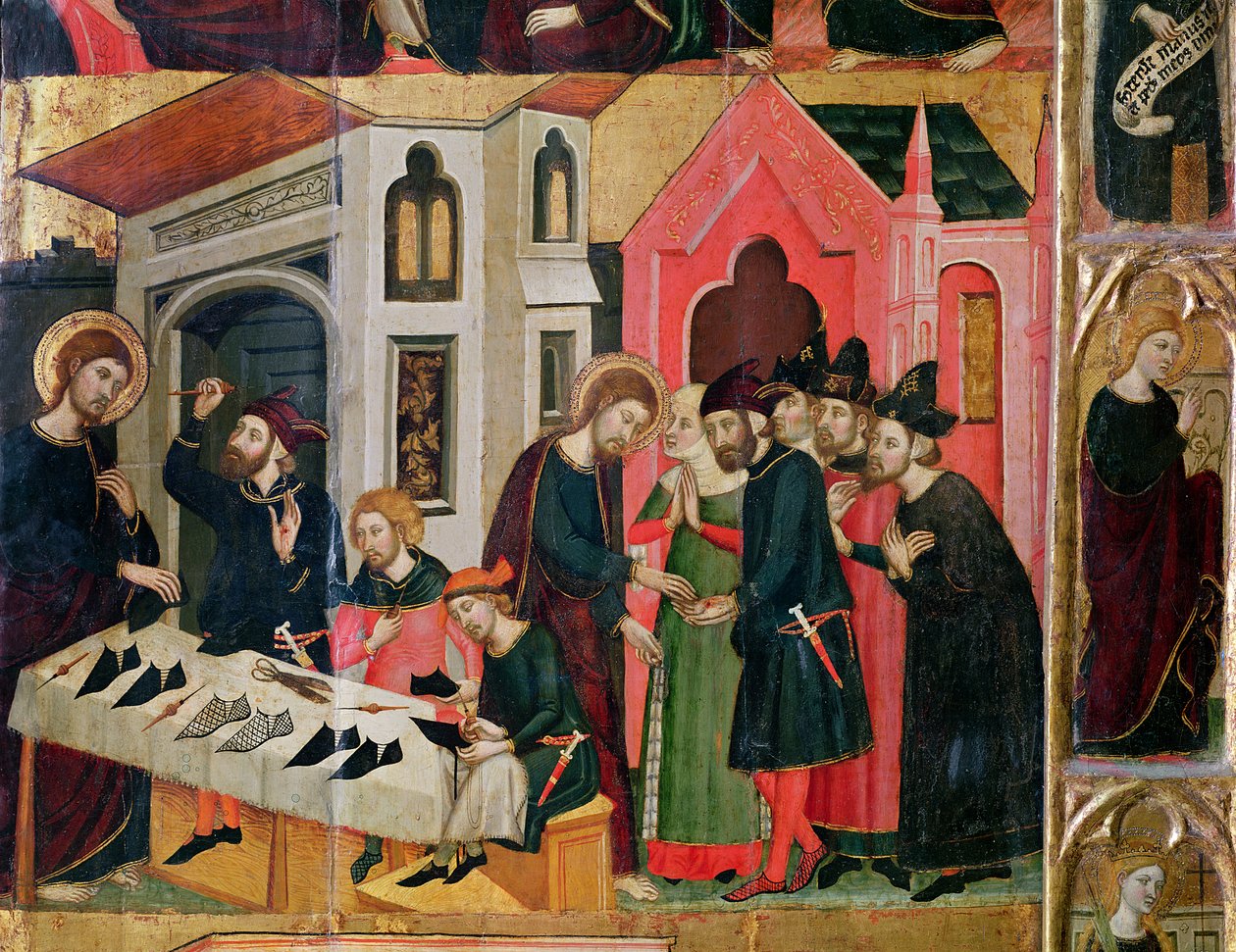 El retablo de SS. Mark y Ania, detalle del puesto de un zapatero, Escuela Catalana, 1346 de Arnau Bassa