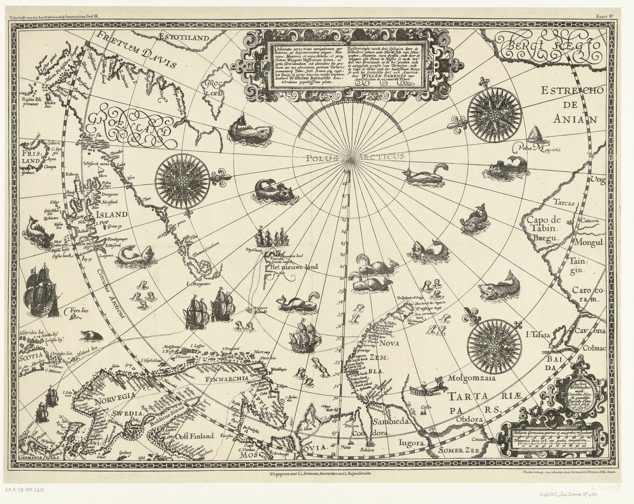 Mapa de los países alrededor del Círculo Polar Ártico que muestra los tres viajes de los holandeses, 1598 Descripción de los tres seylagien realizados por los holandeses y Noordt syde van Noorweghen, Moscovia, nova Sembla y a través de la parte de Groenlan de Arnaud A.J. Pistoor