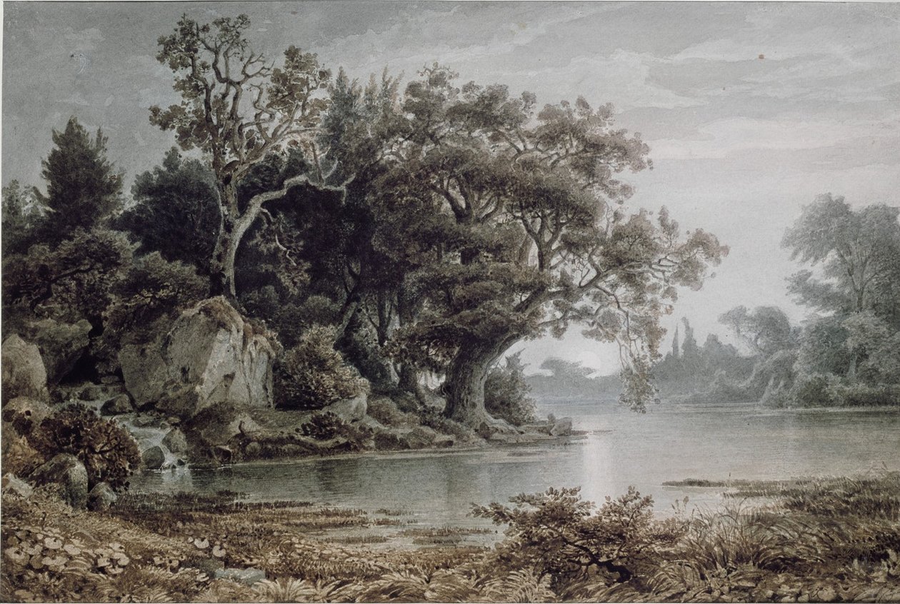 Paisaje forestal junto al agua con luna naciente de Arnold Böcklin