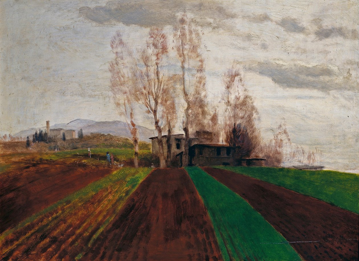 Tierras de cultivo a principios de primavera / Campo arado a principios de primavera de Arnold Böcklin