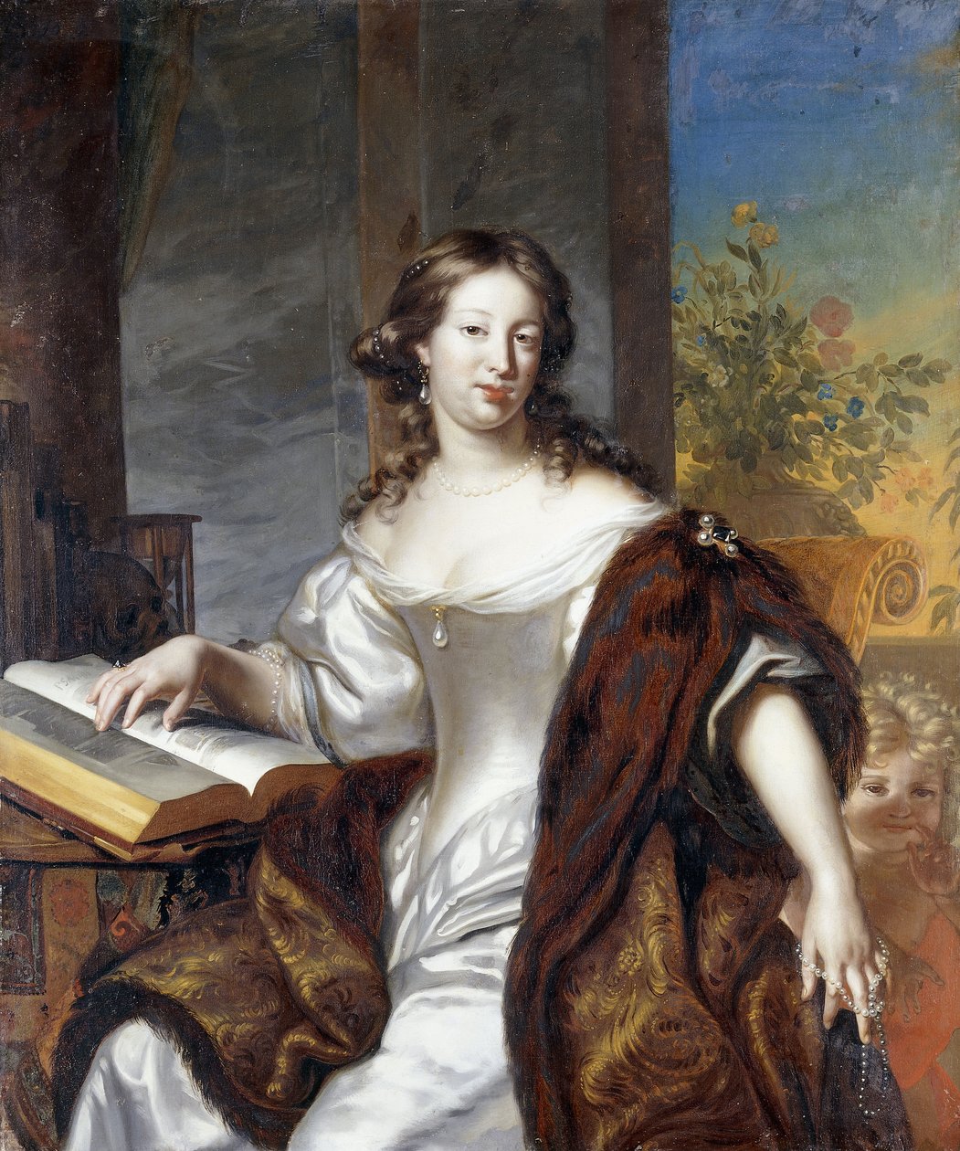 Retrato de una dama, sentada tres cuartos de longitud, con un vestido blanco y capa forrada de piel, 169- de Arnold Boonen