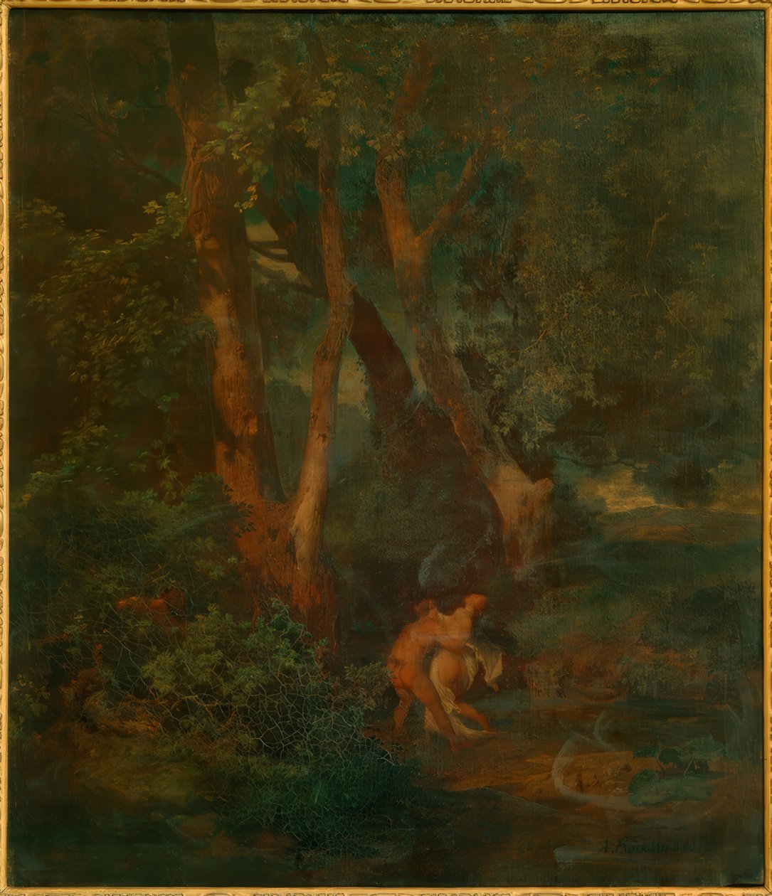 Borde del bosque con fauno y ninfa (o fauno, una resistiéndose) de Arnold Böcklin