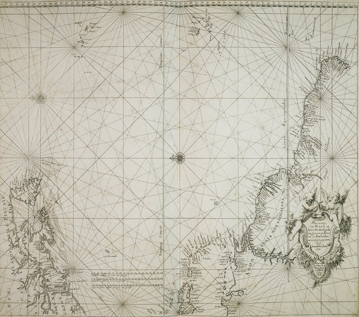 Una carta de Brasil encuadernada en el "Atlas of werelts-water-deel en des selfs zee-custen" de Jacob Colom. de Arnold Colom