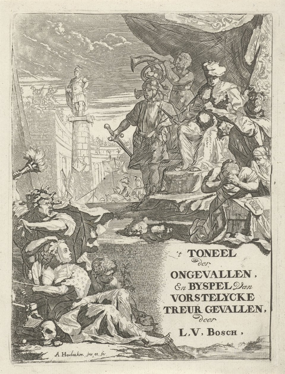 Cabezas cortadas para un monarca en un trono Página de título para: L. van den Bos, El teatro de los accidentes y obra paralela de duelo de vorstelycke, 1699 de Arnold Houbraken
