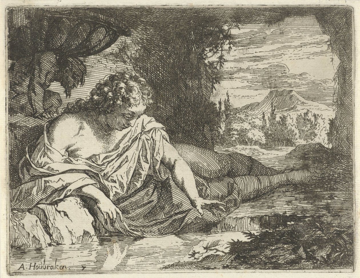 Narciso Escena de estatuas de pecado abiertas al servicio de pintores, estatutarios, etc. (título de la serie) de Arnold Houbraken