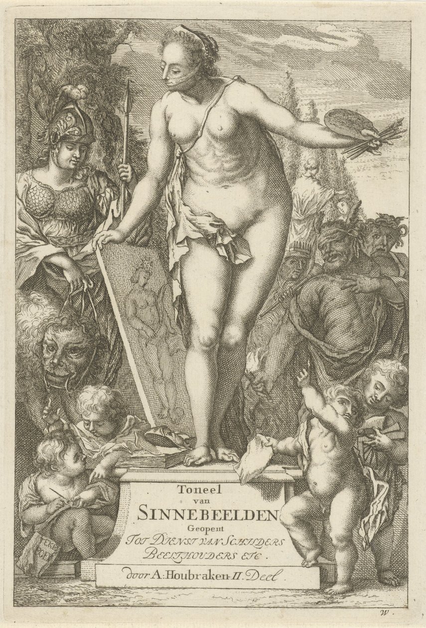 Personificación de la pintura sobre un pedestal. Impresión del título de: Toneel van sinnebeelden, segunda parte Escena de estatuas de pecado abiertas al servicio de pintores, porta imágenes, etc. (título de la serie sobre el objeto) de Arnold Houbraken