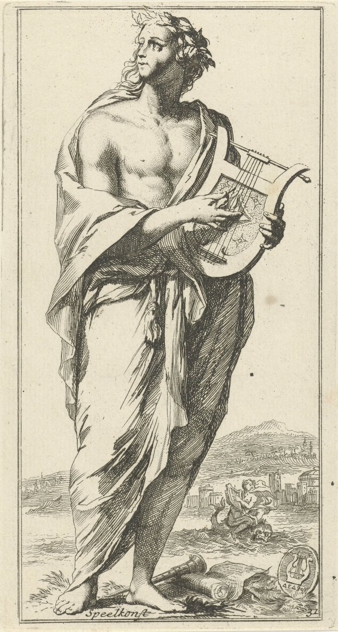 Personificación de la música Play art (título en el objeto) Cuarenta y una piezas, varias estatuas de Sinne (título de la serie) de Arnold Houbraken