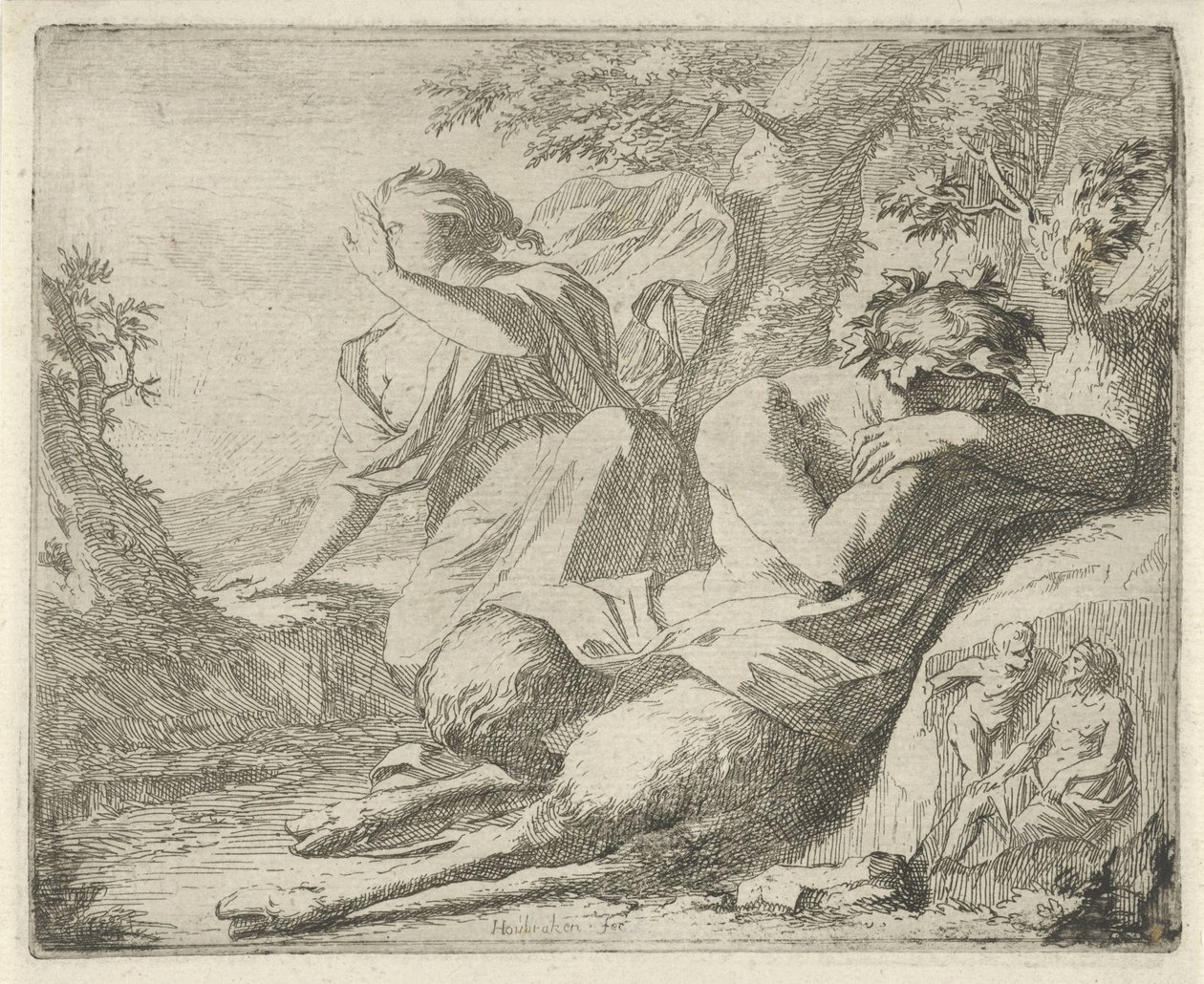 El sátiro y la figura femenina cubren los ojos de la luz del sol. Escena de estatuas de pecado abiertas al servicio de pintores, estatutarios, etc. (título de la serie) de Arnold Houbraken