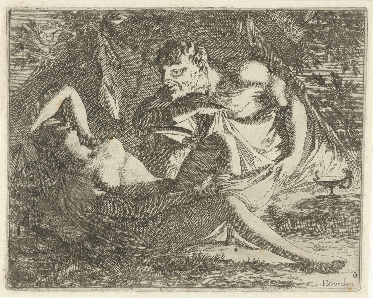 Ninfa dormida observada por un sátiro Teatro de imágenes de pecado abierto al servicio de pintores, porta imágenes, etc. (título de la serie) de Arnold Houbraken