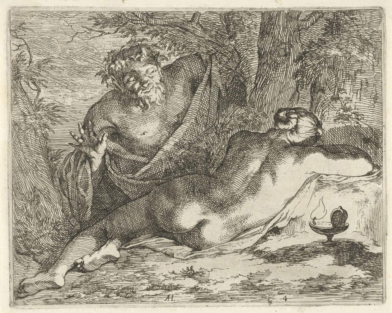 Ninfa dormida espiada por un sátiro
Escenario de imágenes de sinne abierto al servicio de los pintores portaimágenes, etc. (título de la serie) de Arnold Houbraken