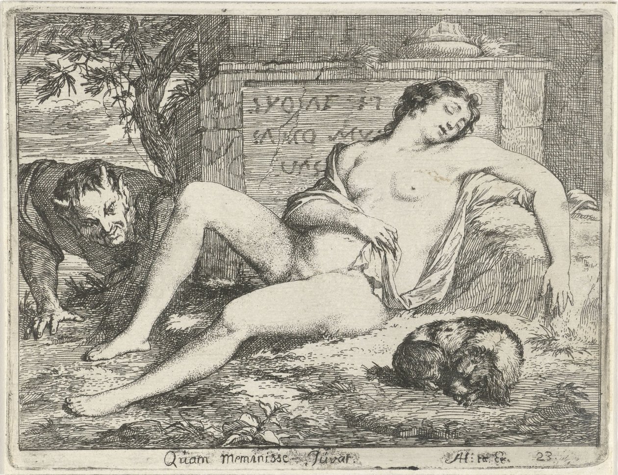 Ninfa dormida con un perro espiado por un sátiro Quam meminisse Juvat (título sobre objeto) Escena de estatuas de pecado abiertas al servicio de pintores, estatutarios, etc. (título de la serie) de Arnold Houbraken