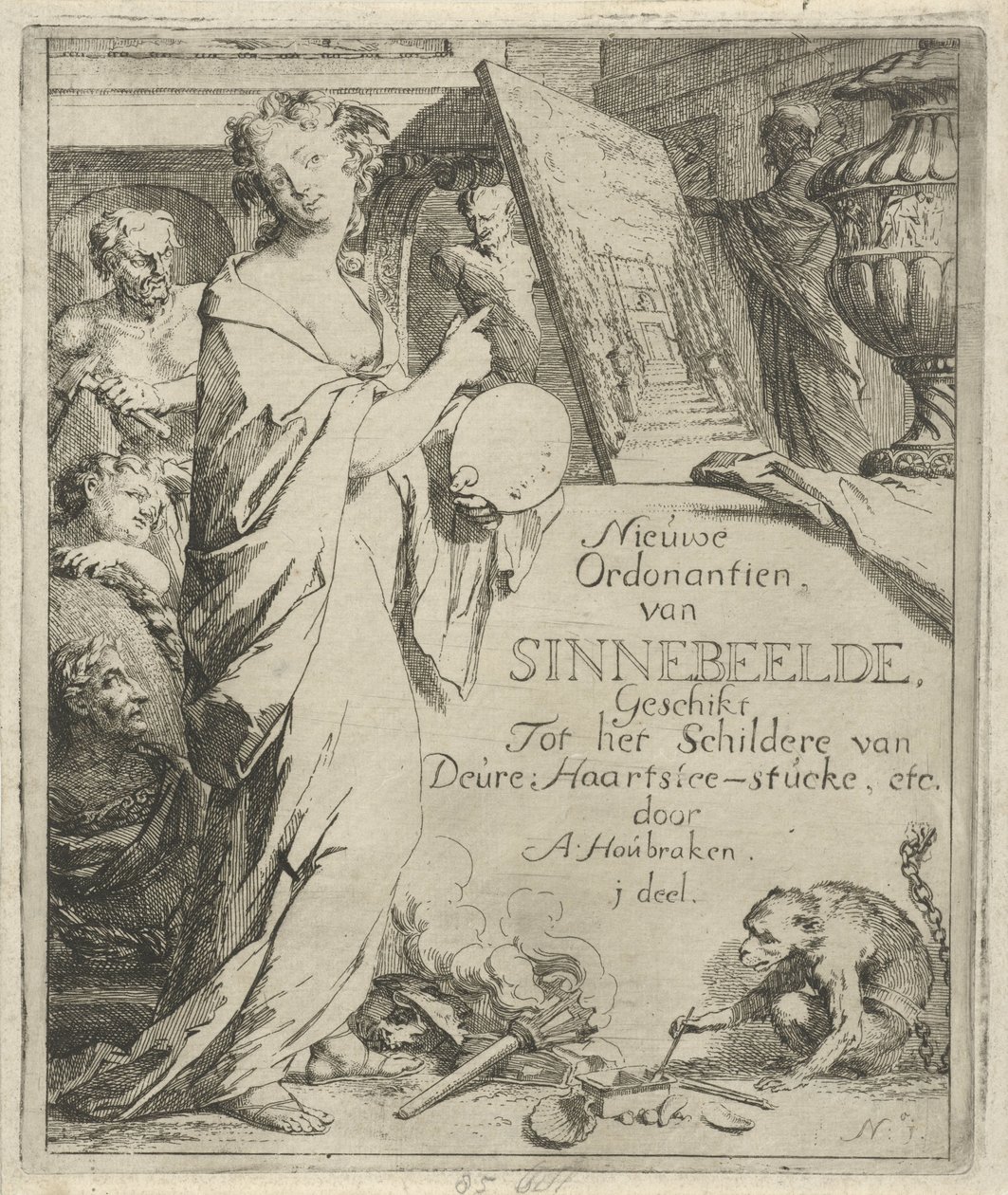 Figura femenina con paleta apuntando a una pintura. Impresión del título de: Toneel van Sinnebeelden, tercera parte New Ordonantien van Sinnebeelde, Adecuado para pintar por Deure Haartslee-stucke, etc. (título del objeto) Escena de imágenes de pecado abie de Arnold Houbraken