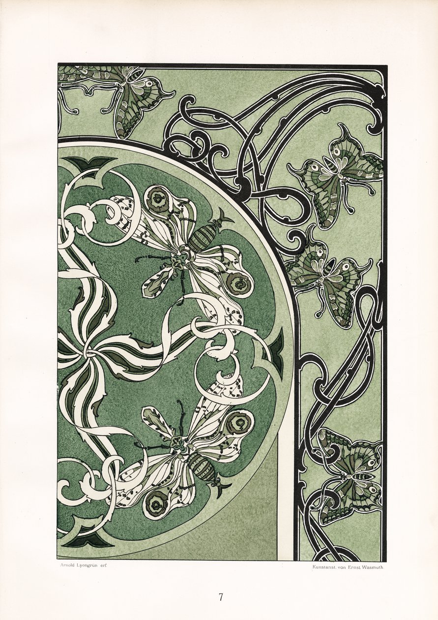 Motivos de insectos en composición ornamental verde (litografía) de Arnold Lyongrün