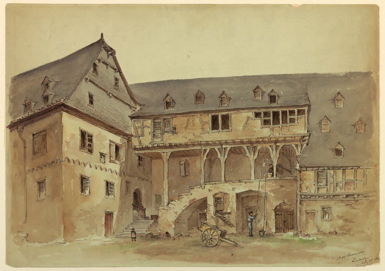 Dibujo, Patio de una mansión medieval, ca. 1889 de Arnold William Brunner