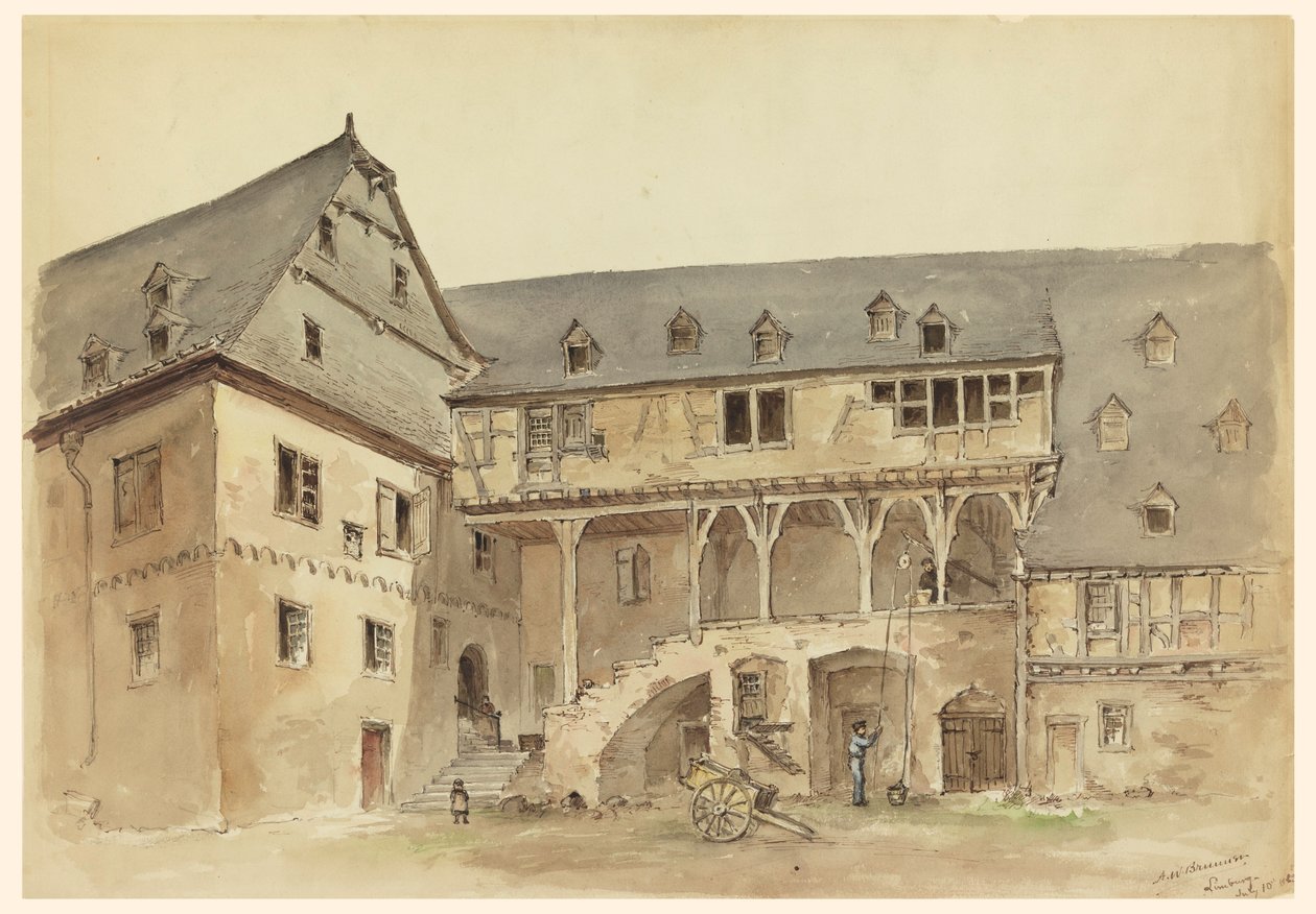 Dibujo, Patio de una mansión medieval, ca. 1889 de Arnold William Brunner