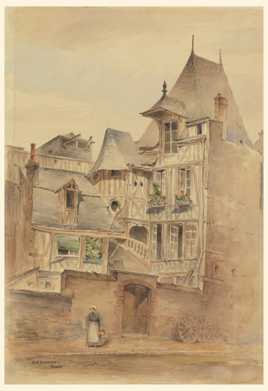 Dibujo, Escena callejera con casas medievales, ca. 1885 de Arnold William Brunner