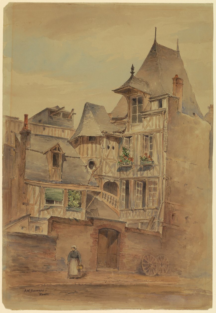 Dibujo, Escena callejera con casas medievales, ca. 1885 de Arnold William Brunner