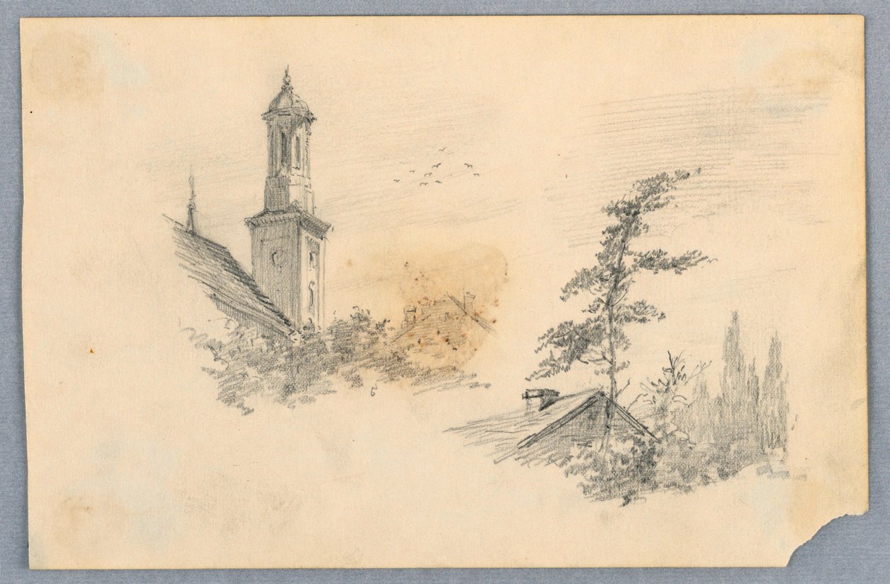 Boceto de torre de iglesia y tejado de Arnold William Brunner