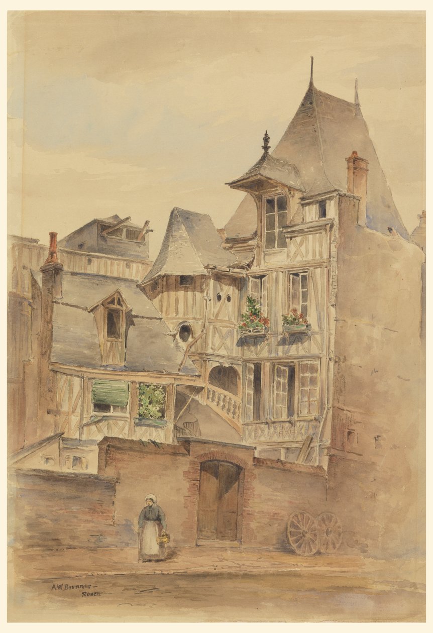 Escena Callejera con Casas Medievales de Arnold William Brunner