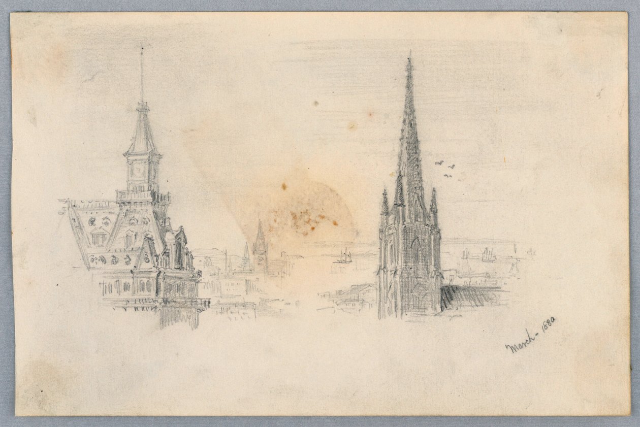 Dos bocetos de campanarios de Arnold William Brunner