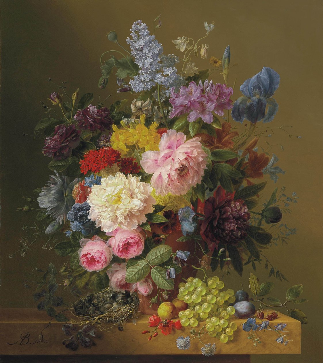 Lilas, peonías, tulipanes, rosas, lirios y otras flores con frutas y un nido de pájaros sobre una cornisa de mármol de Arnoldus Bloemers