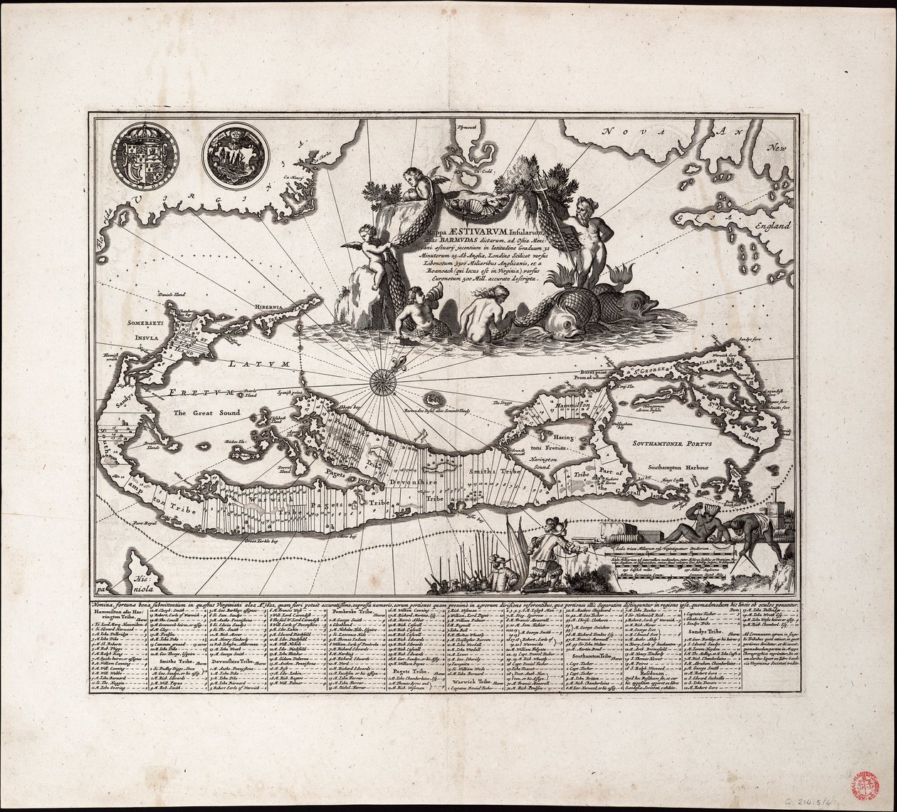 Mappa Aestivarum Insularum, alias Barmudas dictarum. Hoja suelta, grabado. de Arnoldus Montanus