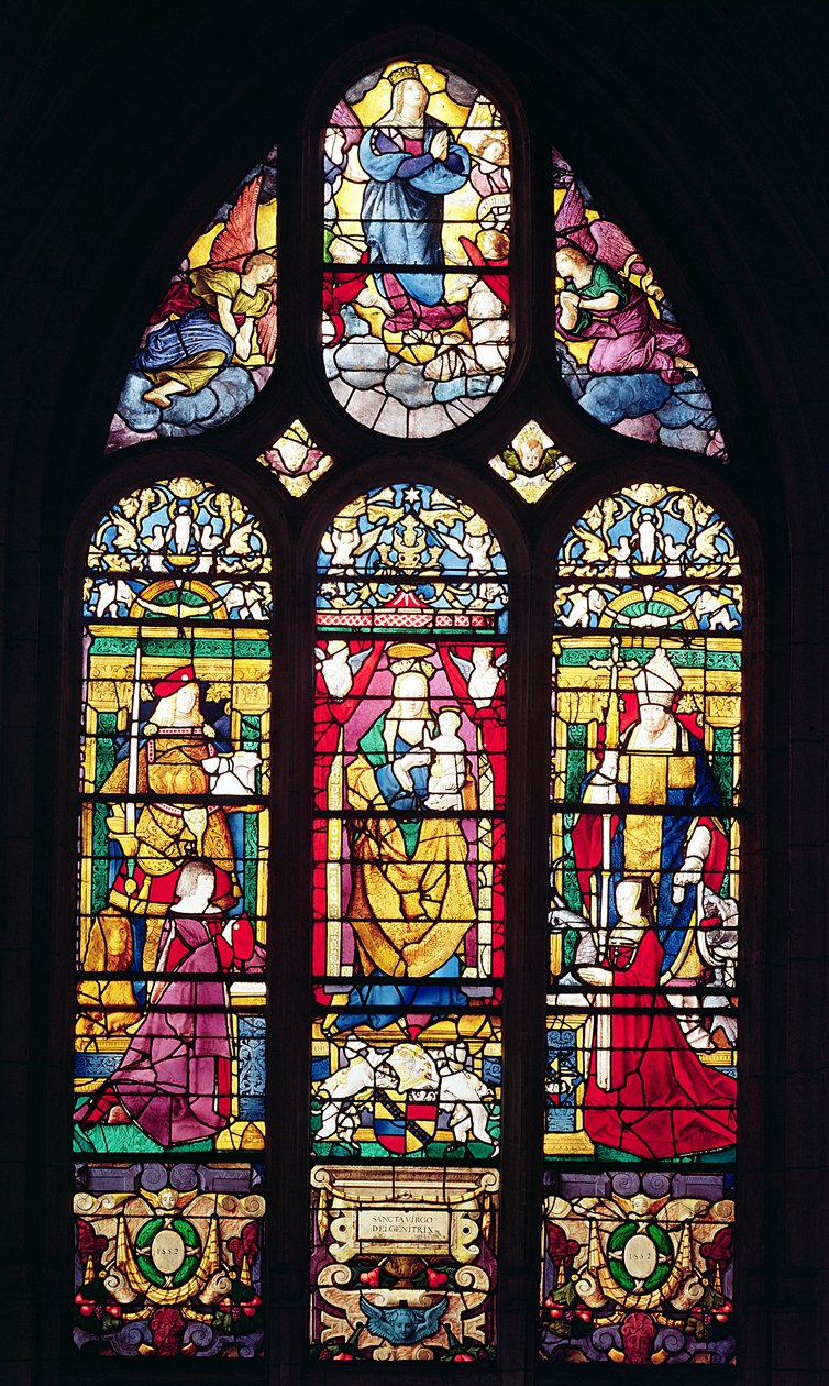 Ventana que representa a la Virgen y el Niño rodeados por San Adrián, San Román y los donantes, 1510 de Arnoult de Nimegue